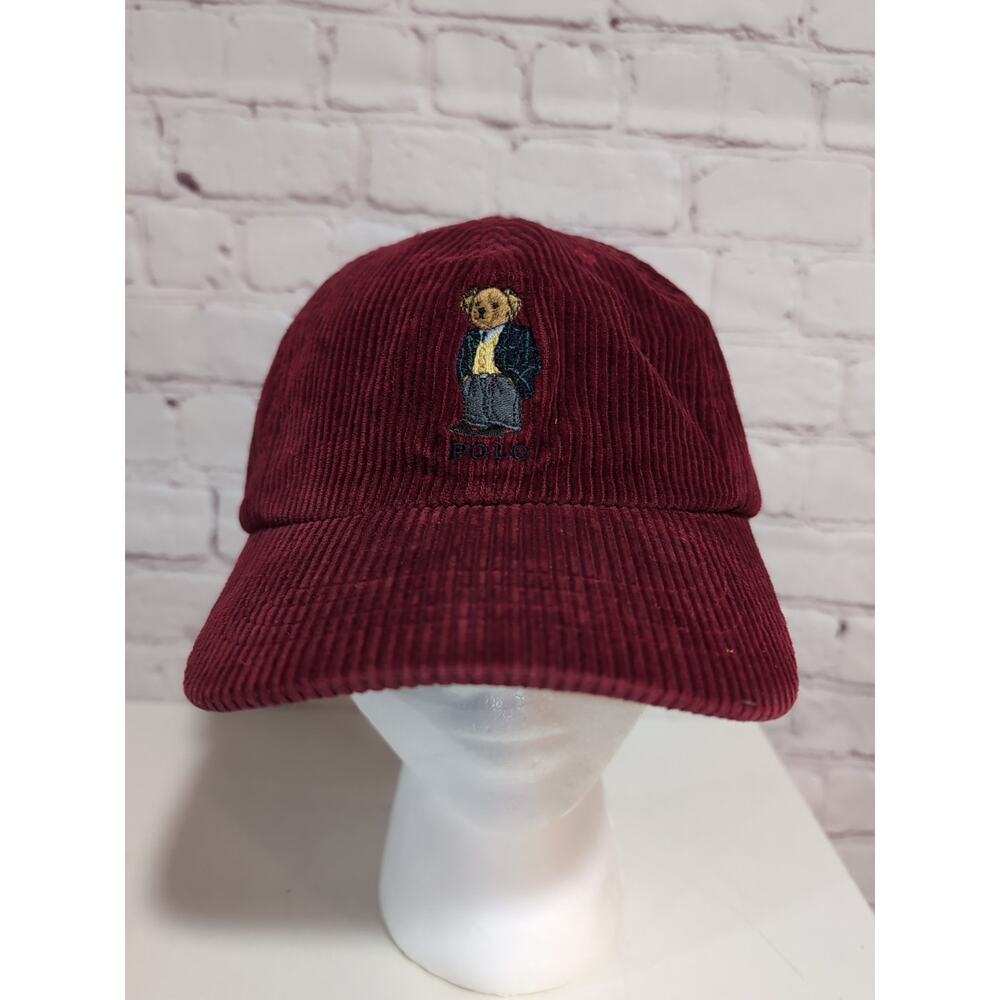 Vintage Polo Sport Ralph Lauren Bear Red Corduroy Cap Hat Leather Strap Yacht